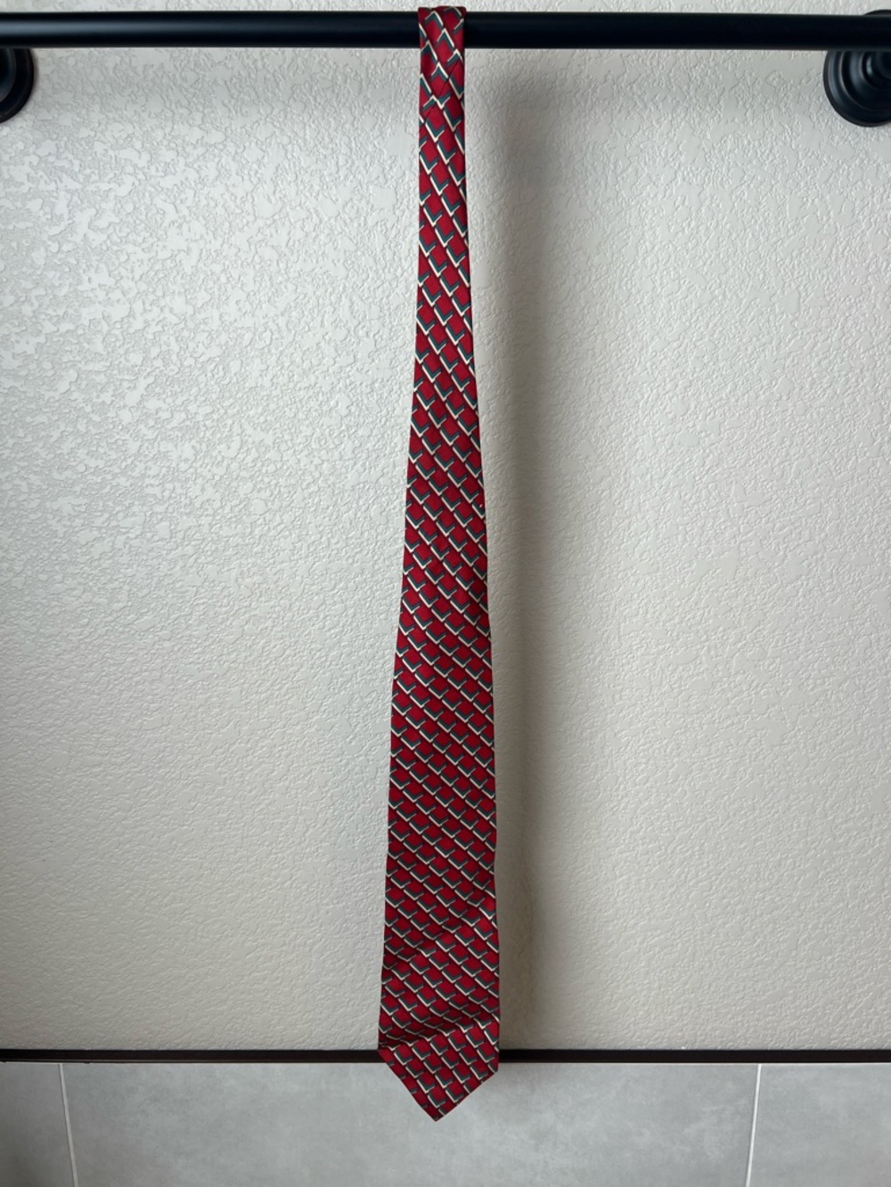 Christian Dior Silk Tie Red Geometric Pattern Vintage Designer Bold Style